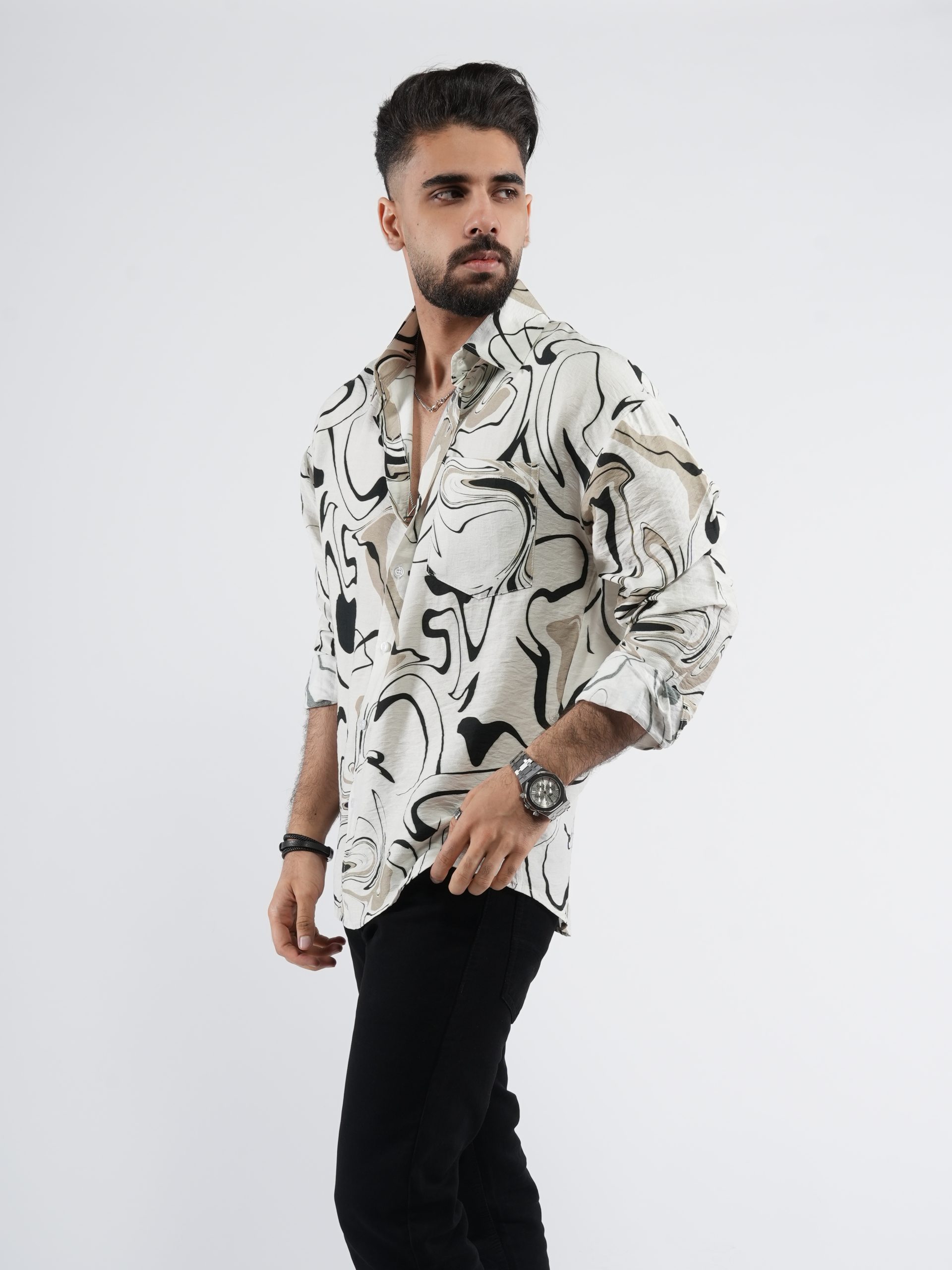 Men’s Oversized Rayon Printed Shirt L/S - Abstract Pattern