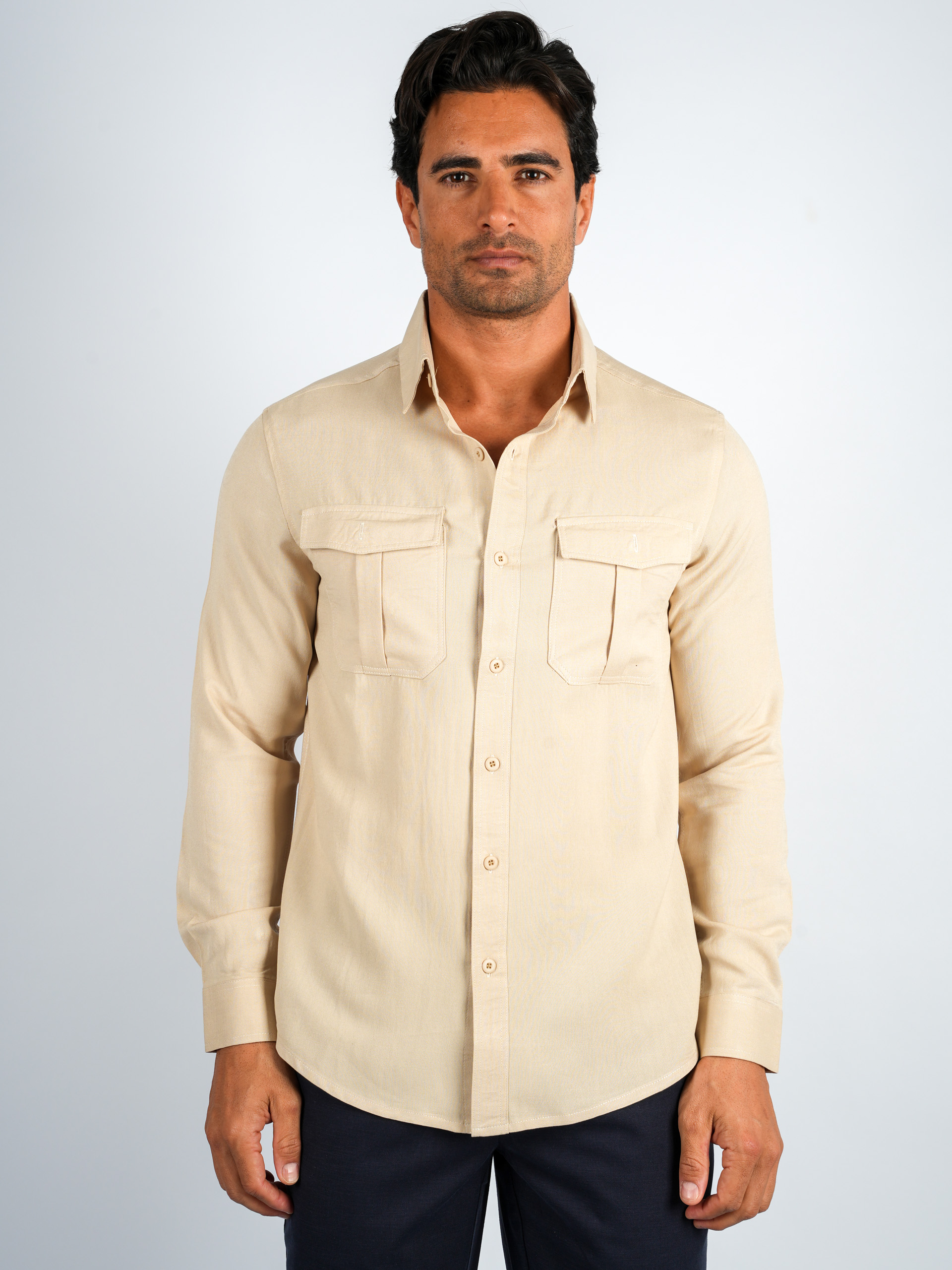 Men’s Slim Fit Double Pocket Cotton-Linen Shirt